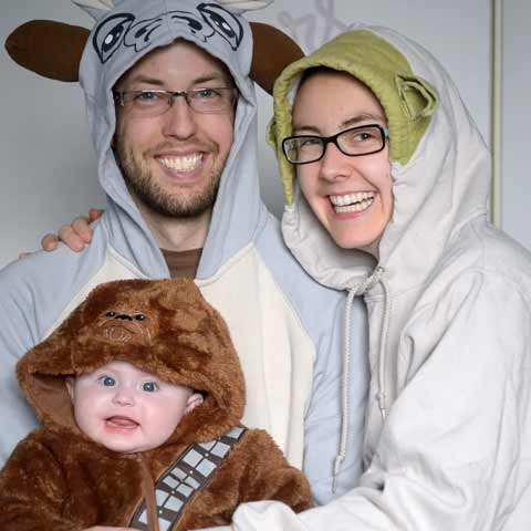 Liz in a Yoda hoodie, me in a TaunTaun hoddie, and Edith as Chewbacca.